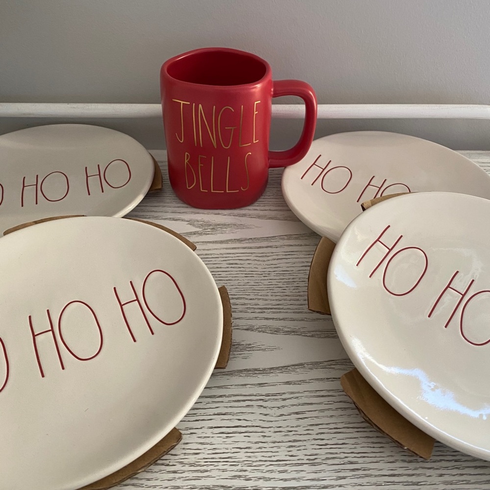 RaeDunn 4 ho ho Christmas plates & jingle bell mug